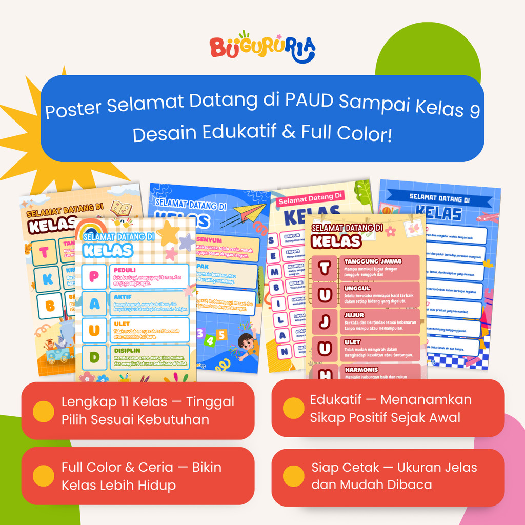 

Bu Guru Ria - Poster Selamat Datang di Kelas Mulai Kelas Paud sampai Kelas 9 Ukuran A3+ 310gsm | Edukasi Karakter Siswa | Laminasi Glossy | Dekorasi Kelas Full Color