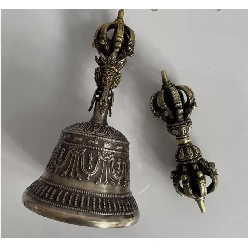 7" 18cm Nepal Tibet buddhism Bronze Nine-pronged bell and Vajra dorje FaQi L#