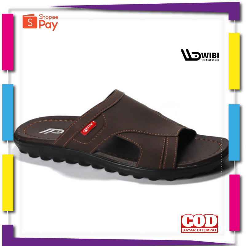 [PREMIUM ORIGINAL] WIBI 39-43 Smooth Logo Dark Brown - Sandal Kulit Slide Selop Pria Dewasa Original
