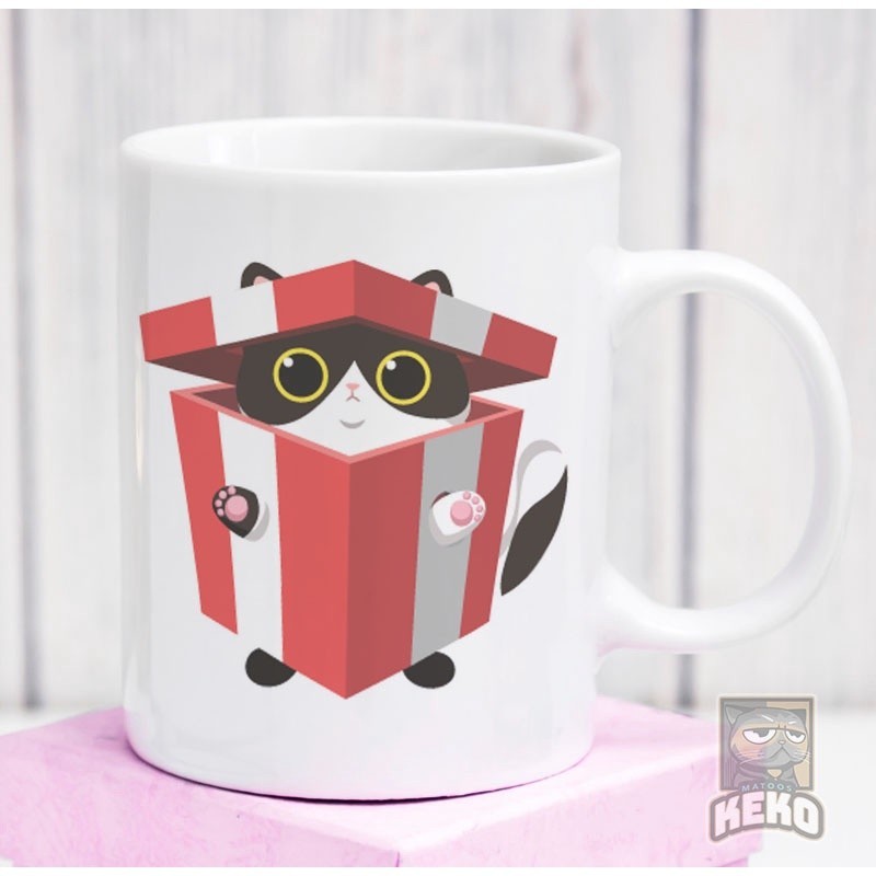 cat gift box Mug Gelas Keramik Unik Keko