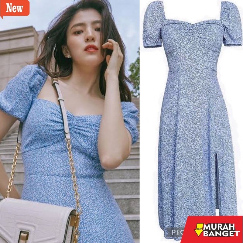 dress wanita kekinian Han So hee midi dress square neck korean style new collection nevertheless cas