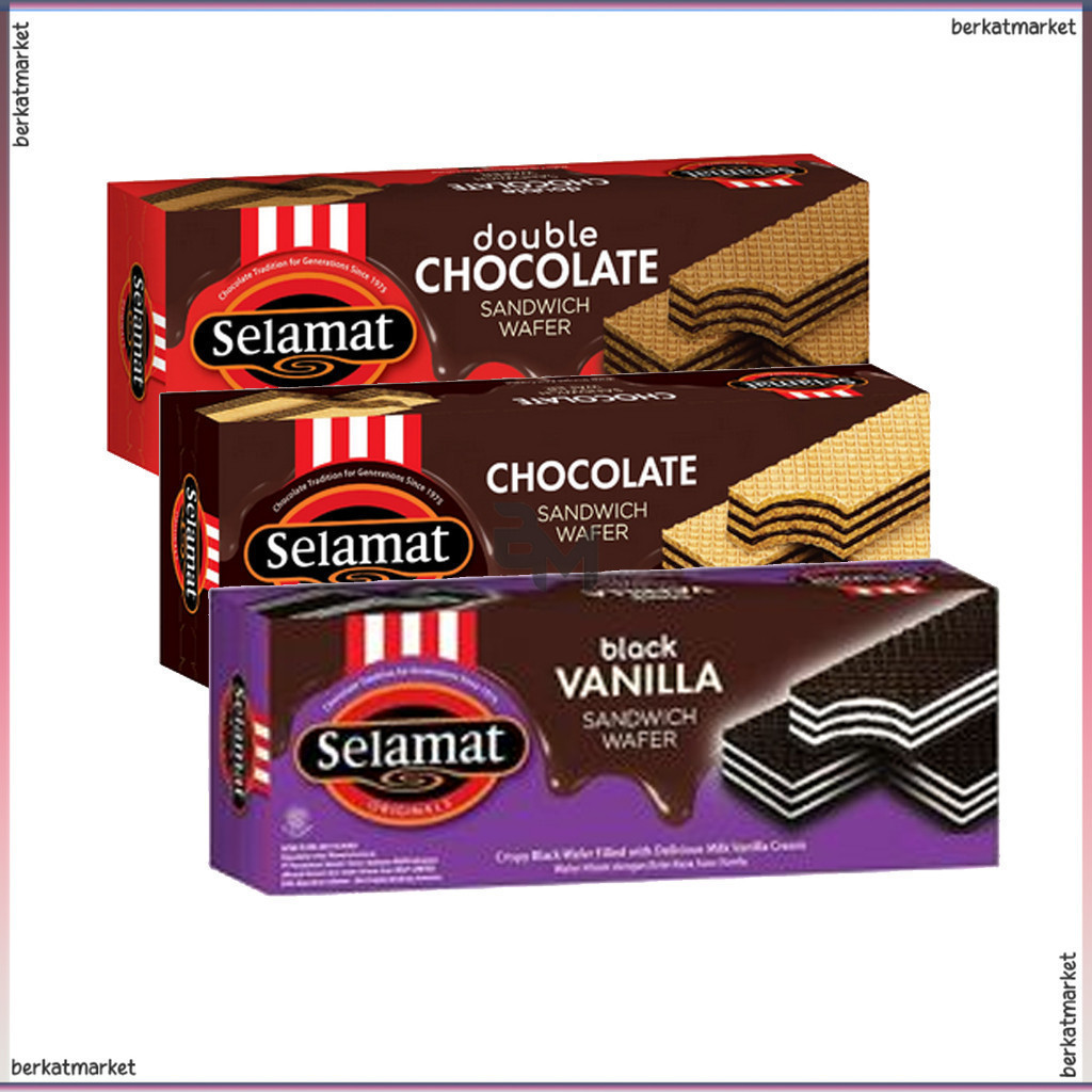 

Wafer Biskuit Selamat Coklat Sandwich Double Chocolate Black Vanilla 145 g Kaleng Besar 1 Sachet Kiloan Dus