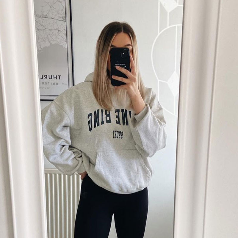 

New Autumn and Winter Classic Letter Print Fleece Gray Hooded Sweatshirt