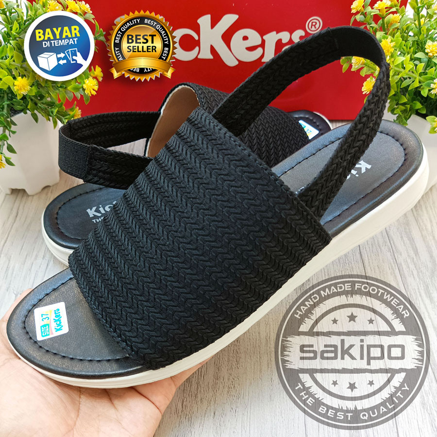 SANDAL SLOP LED WANITA DEWASA RAJUT KICKERS HITAM TRENDI TERBARU / SANDAL LUAR RUMAH / SAKIPO