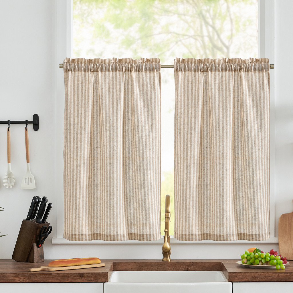 JINCHAN Kitchen Curtains Striped Tier Curtains Ticking Stripe Linen Curtains Pinstripe Cafe Curtains