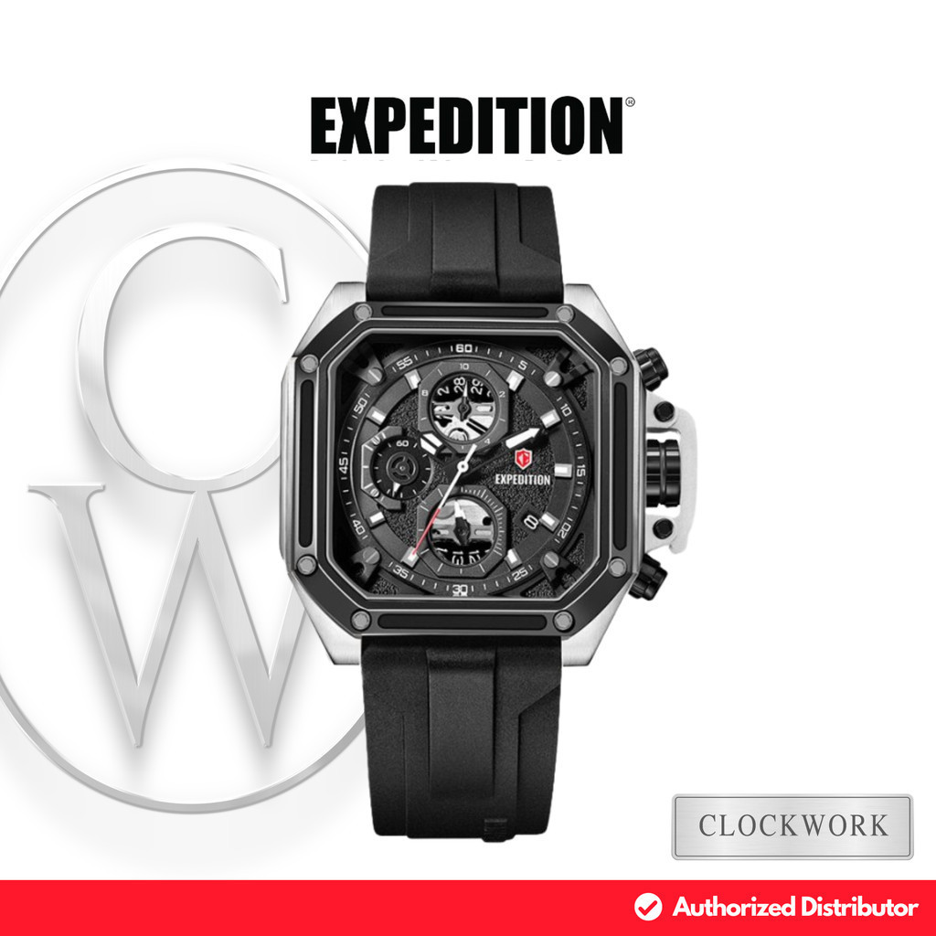 Jam Tangan Pria Expedition E 6812 MCRTBBA Karet Sporty Chronograph Persegi Silver