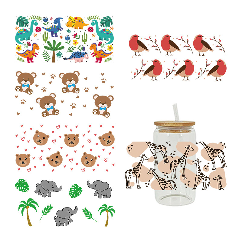 

UV DTF Dinosaurs, elephants, giraffes Transfer Happy Juice Printed Sticker For The 16oz Libbey Glasses Wraps Bottles D4948
