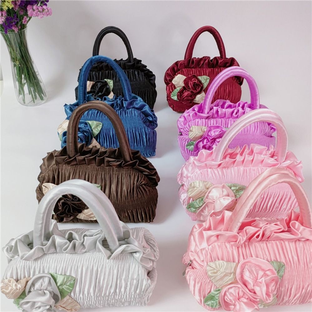 

Leaf Hanfu Rose Flower Handbag Satin Silk Bubble Ethnic Style Wrist Bag Dinner Phone Bag Storage Bag Zipper Flower Tote Bag
