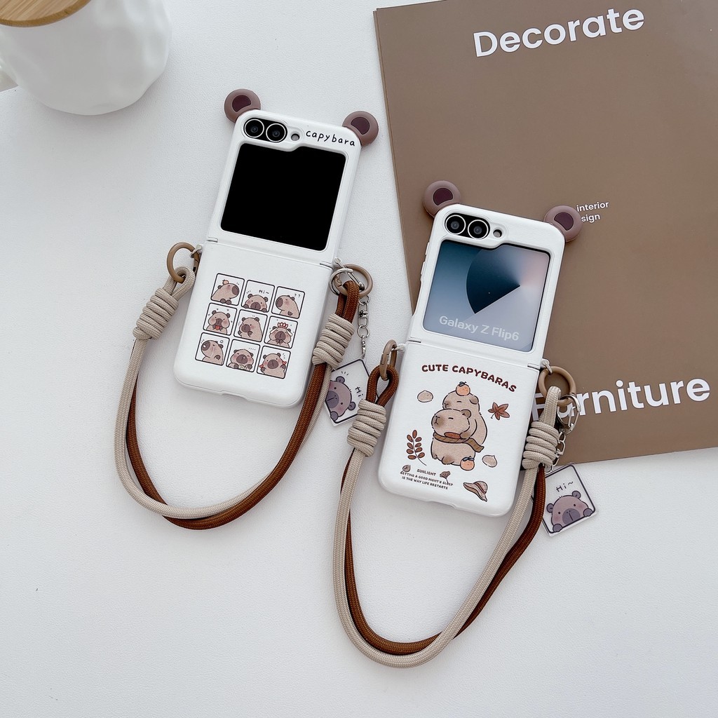 Samsung Galaxy Z Flip 6 Z Flip5 Z Flip4 Z Flip3 Leather Cover Kartun Telinga Capybara Full Screen Co
