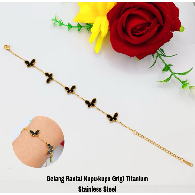 gelang rantai kupu kupu hitam titanium wanita fashion