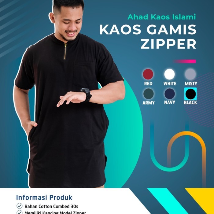 ✔Anh.S✔ -  TERLARIS Kaos Gamis Ahad Zipper Pria Original (AH04) - Hitam, M