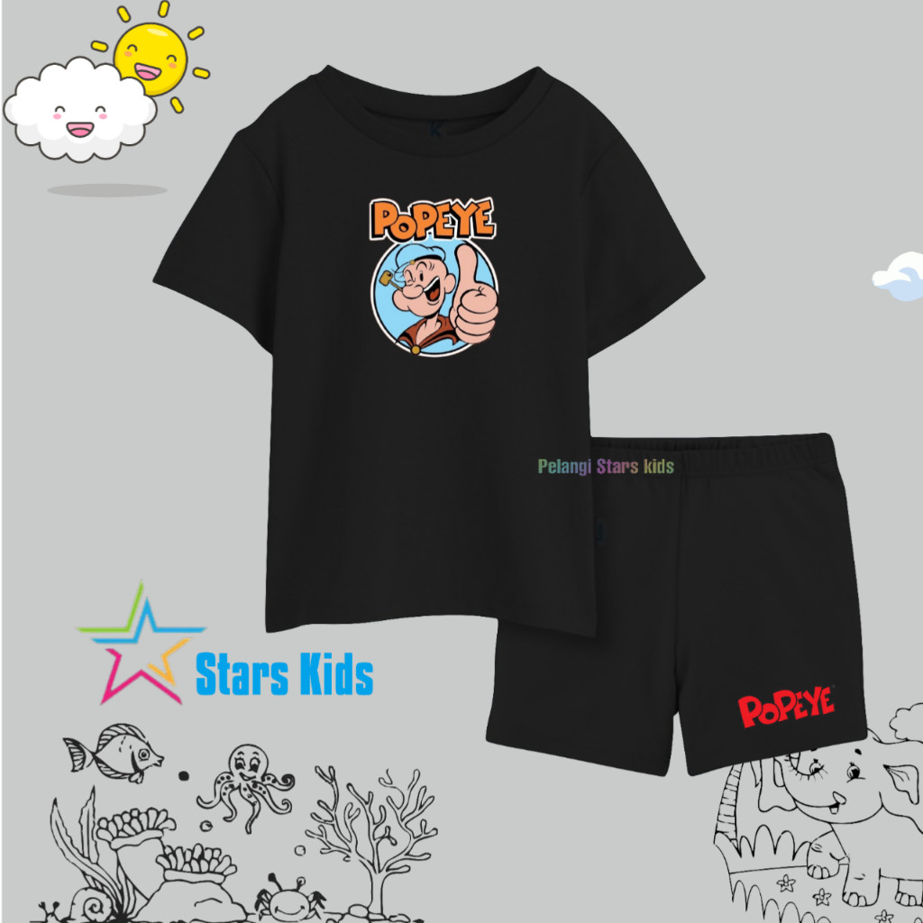 Pelangistarskids - setelan anak laki-laki dan perempuan premium tebal celana pendek sablon POPEYE ba