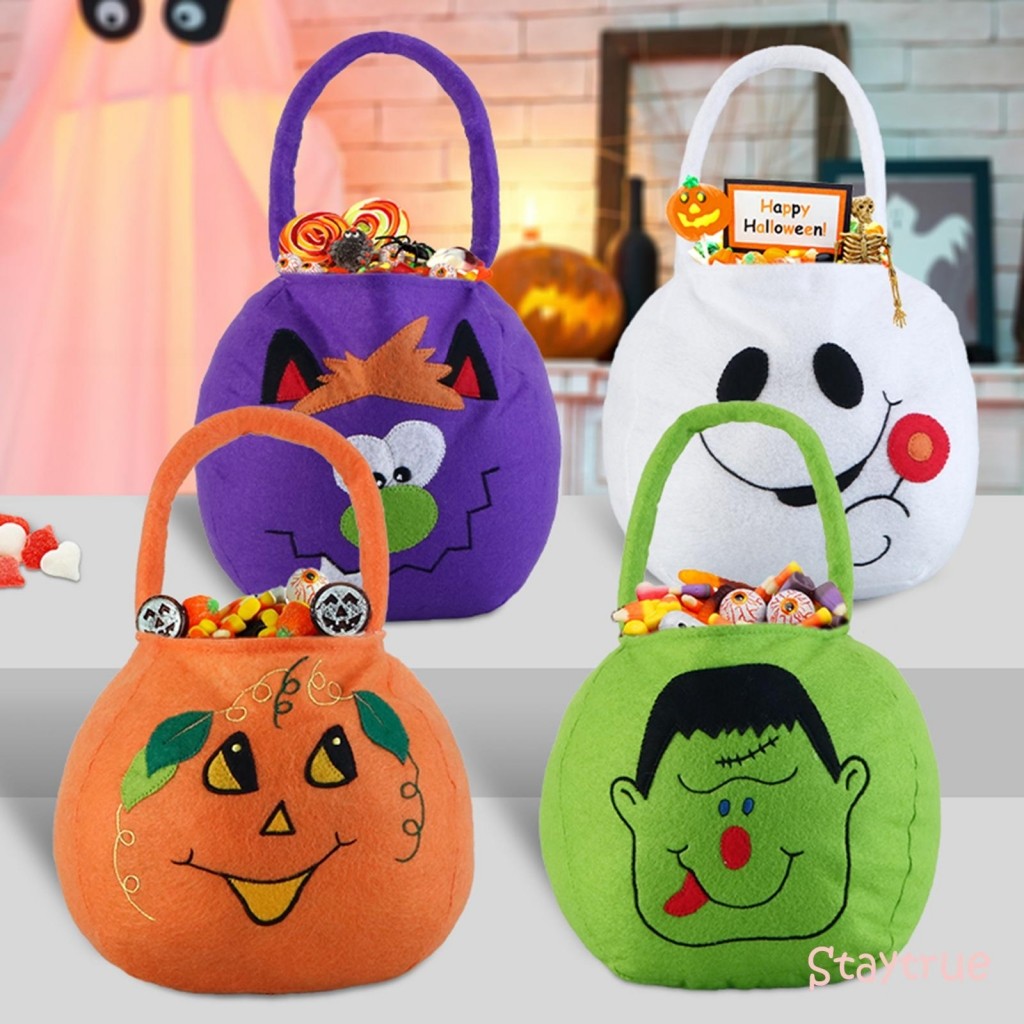 

Tas Permen Halloween untuk Anak-anak Tas Hadiah Trick or Treat Tas Pola Bordir Kartun Grimace dengan Pegangan