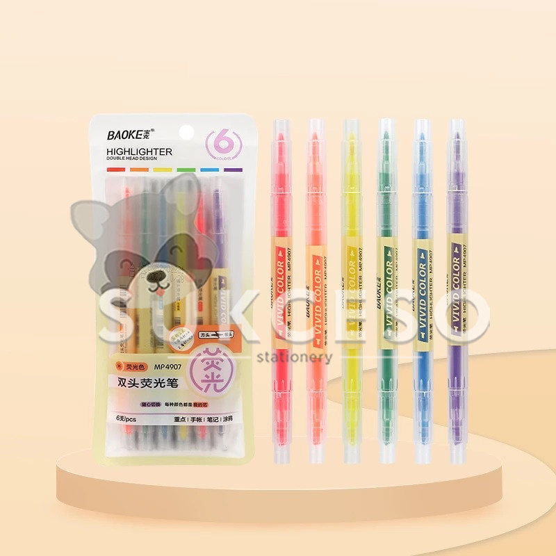 

BaoKe Double Side Highlighter Set Isi 6 MP4907 / Spidol Warna Penanda 2 Sisi Murah