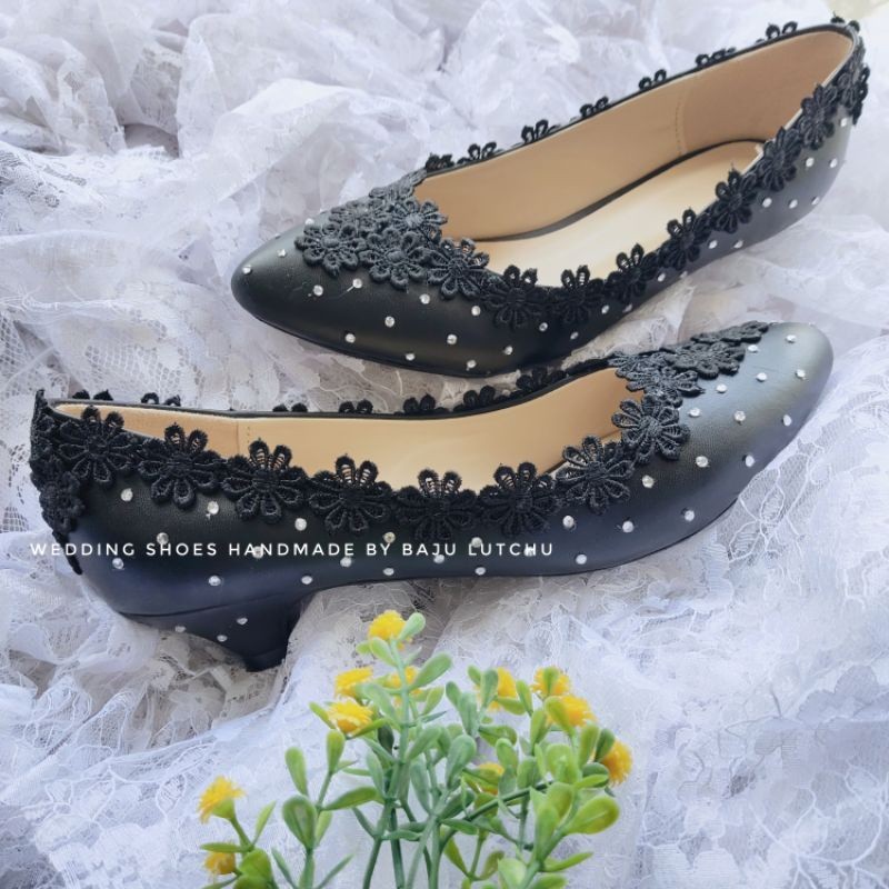PB - Sepatu Wanita Pantofel renda korea hitam blink hak 3cm