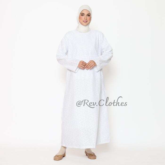 Baju Umroh Wanita Muslim Model Kantong Doraemon Gamis Umroh Wanita Katun Bordir Putih - Putih, M
