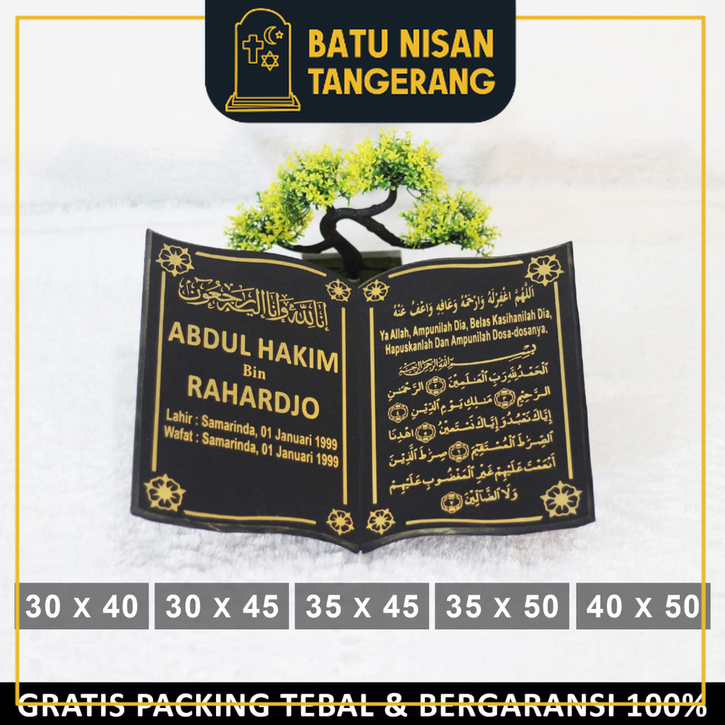 BNT - Papan Prasasti Tulisan Nama Batu Nisan Makam Bentuk Buku Alquran Ukir Granit Kijing Maesan Kub