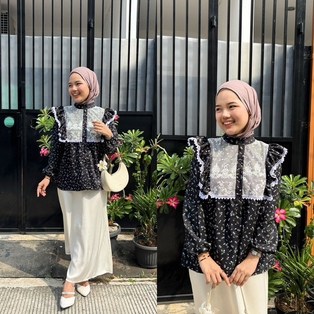 Casha - Baju Wanita Trendy Motif Bunga / DINDA LACE BLOUSE Renda / Busana Muslimah Kekinian