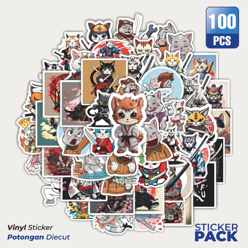 

100 PCS STIKER Kartun Kung Fu Cats/ Kucing Waterproof Aesthetic- Untuk Laptop, Motor, dan Helm - Paper Stationery Pack