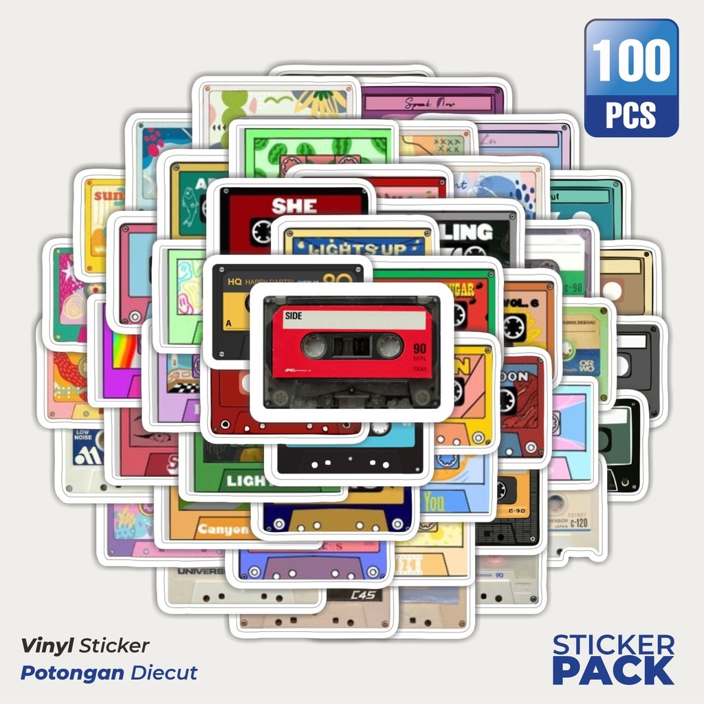 

100 PCS STIKER Cassette Tape (Kaset Audio) Waterproof Aesthetic- Untuk Laptop, Motor, dan Helm - Paper Stationery Pack