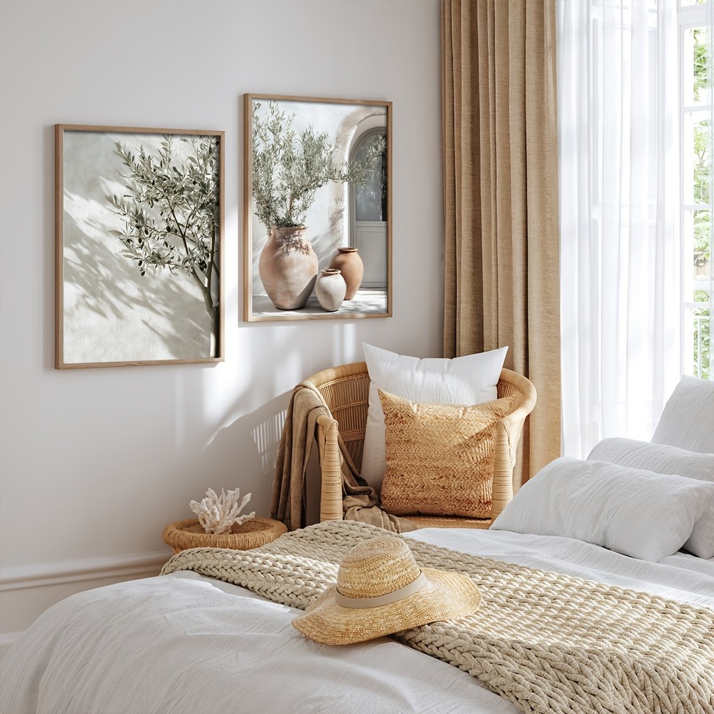 

2pcs Tree Vase Wall Art Poster Mediterranean Plant Landscape Art Countryside Simple Scenery Decoration Frameless