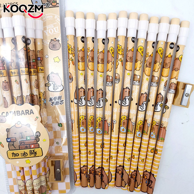 

1pack Cartoon Capybara HB Pencils 12 Pencils& 1 Pencil Roller Stationery Box Set, Student Writing Drawing HB Pencils Sketch Pens
