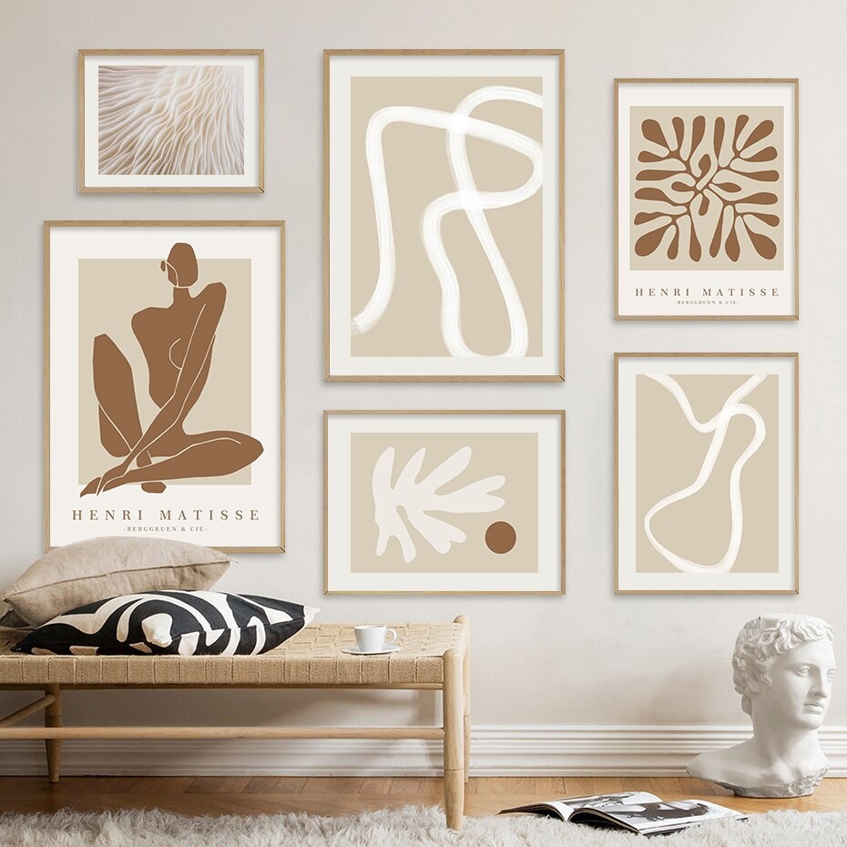 

Boho Abstract Matisse Beige White Line Wall Art Poster Minimalist Canvas Paintings Print Picture for Living Room Interior Home