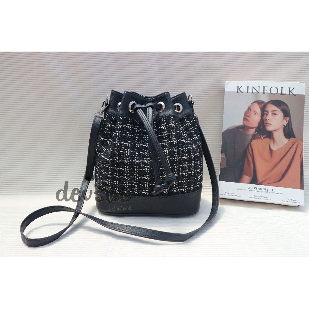 Aruna-Tas serut wanita bahan kanvas tweed premium/Tas selempang wanita diamond/Bucket bag wanita
