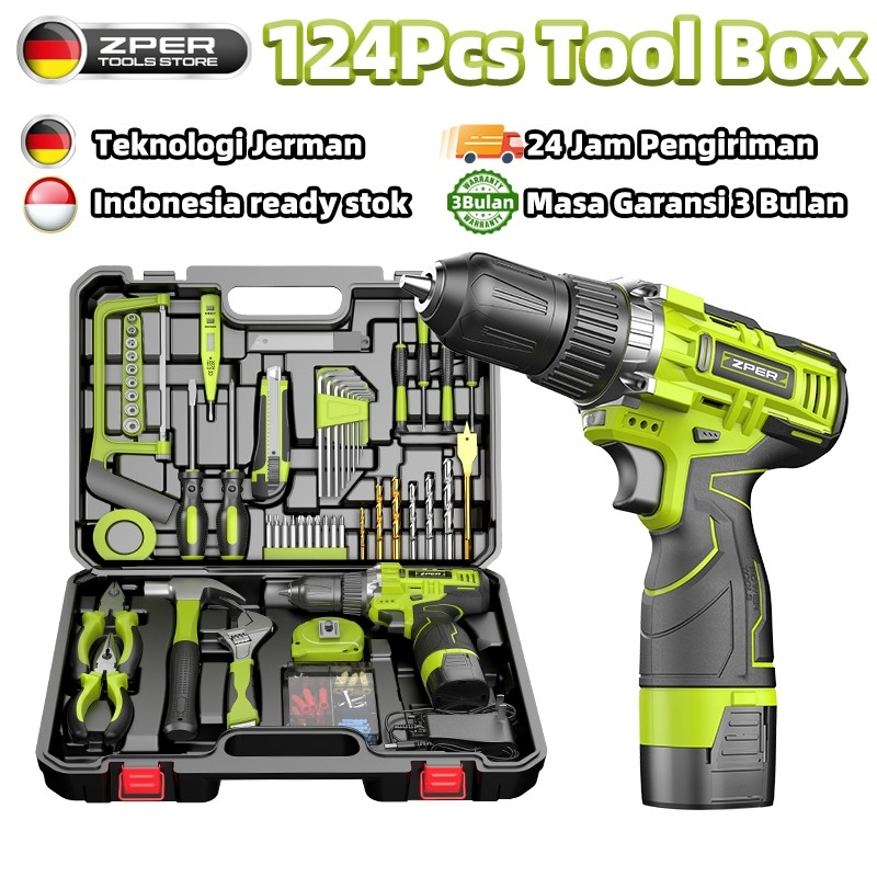 ZPER 120PCS Tool Box Besar Mesin Bor Baterai Toolkit Set Alat Tukang Bangunan Lengkap Kotak Perkakas