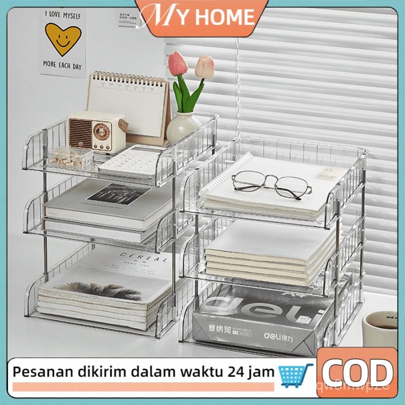 

MYHOME Desktop Storage Tempat Buku Meja Organizer Box File Meja Kantor Megazine File Tray akrilik Transparan
