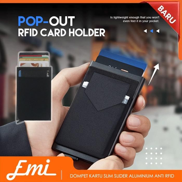 

Pop-Out Card Holder Dompet Kartu Slim Slider Aluminium Anti RFID Hold 4-6 Cards - Hitam