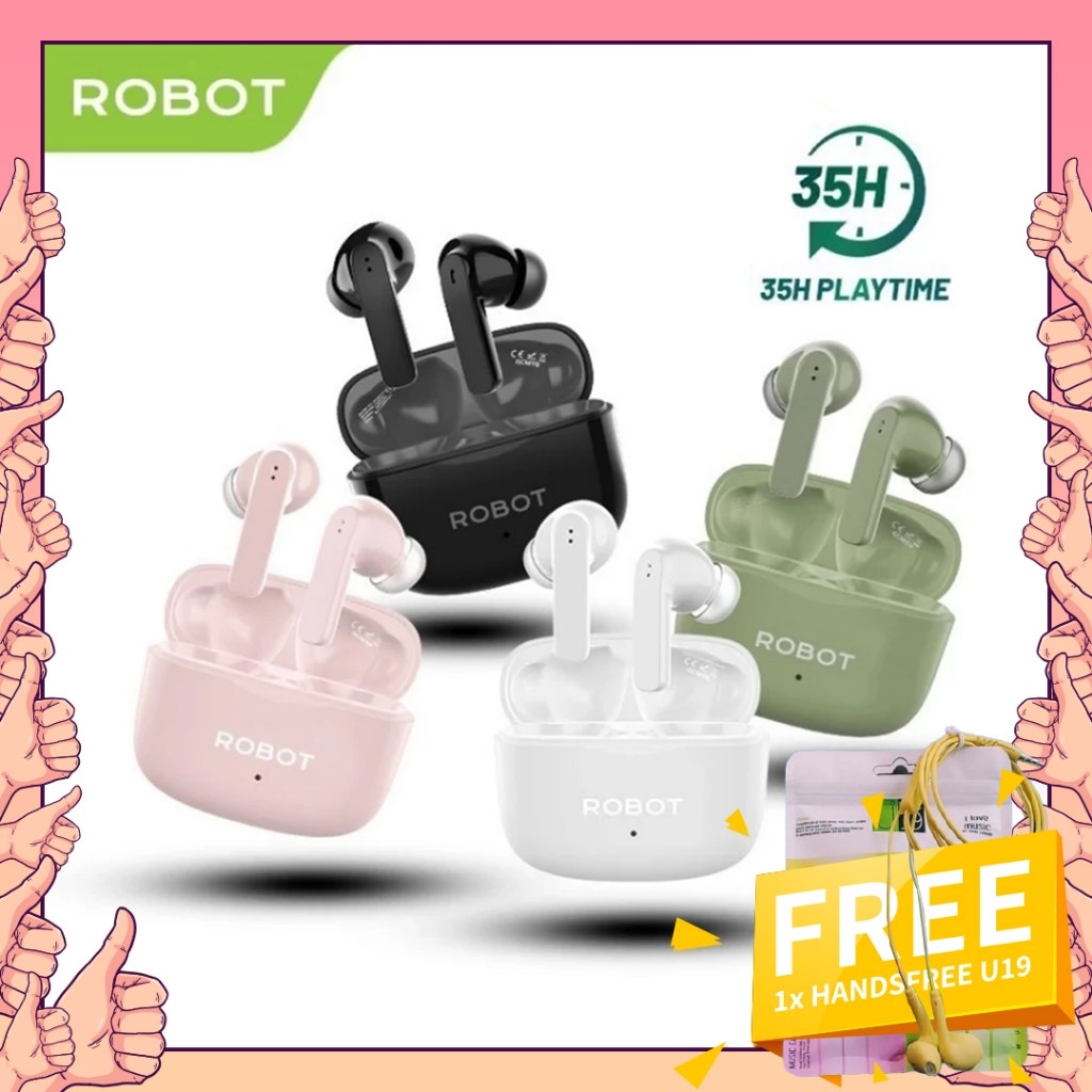 (Free Handsfree U19) ROBOT TWS Airbuds T70E Earphone Deep Bass Headset Bluetooth 5.4 Original