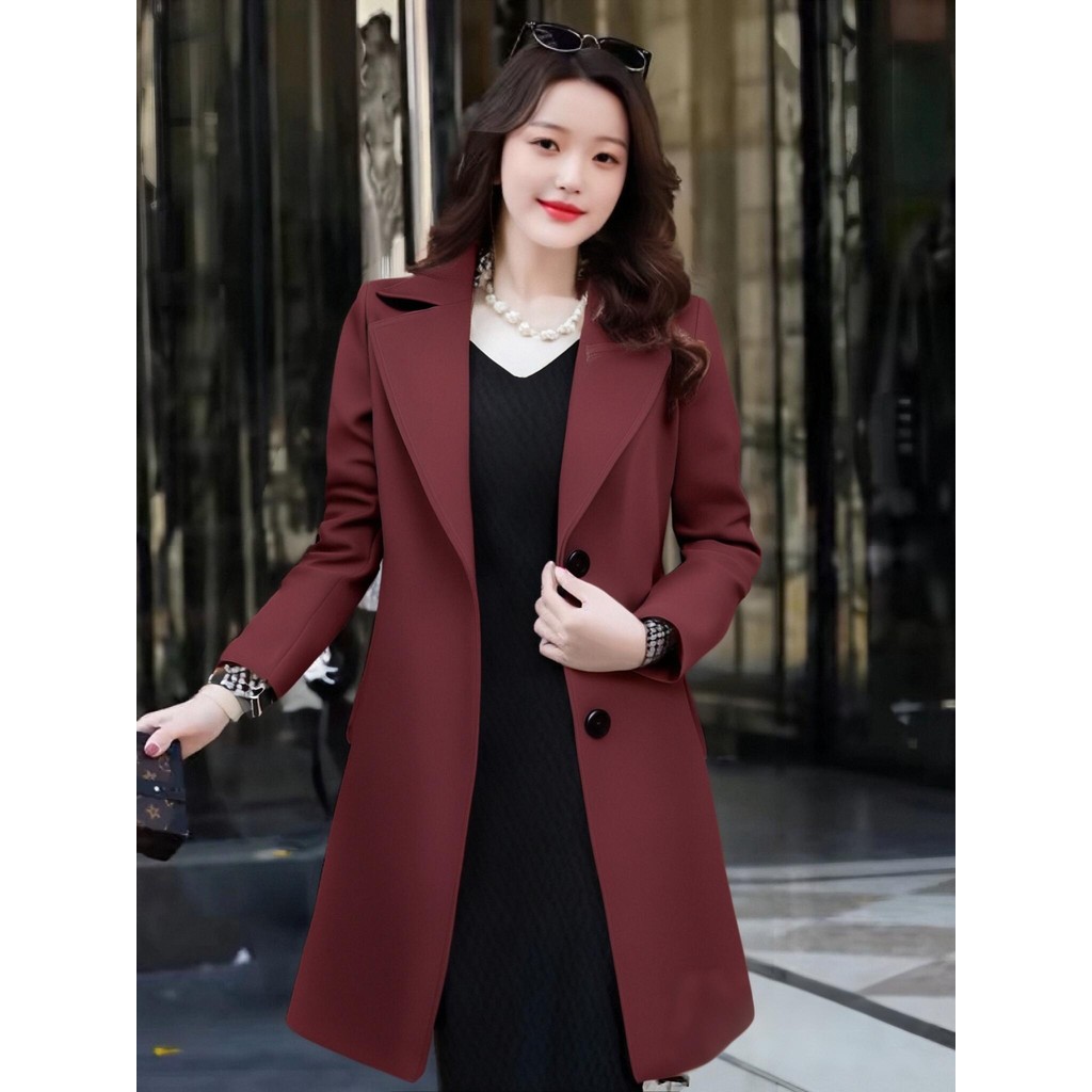 Meirong baju jaket outer maroon panjang formal wanita kekinian korean style aesthetic outer merah po