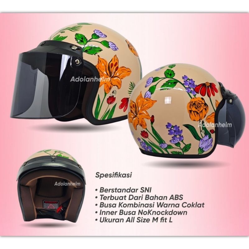 WOW Helm Bogo Wanita Motif Bunga Azalea Helm Bogo Flower Full Leher SNI