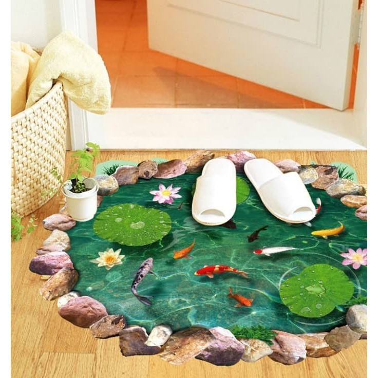 Stiker Dekorasi Lantai Aesthetic 3D Motif Kolam Ikan Koi