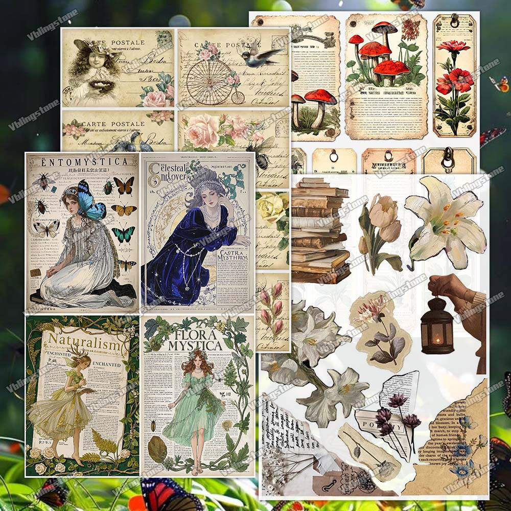 

4Sheets/pack Vintage Flower Girls Scrapbooking Stickers Plant Newspaper Washi Paper Stickers Diary Planner DIY Notebooks