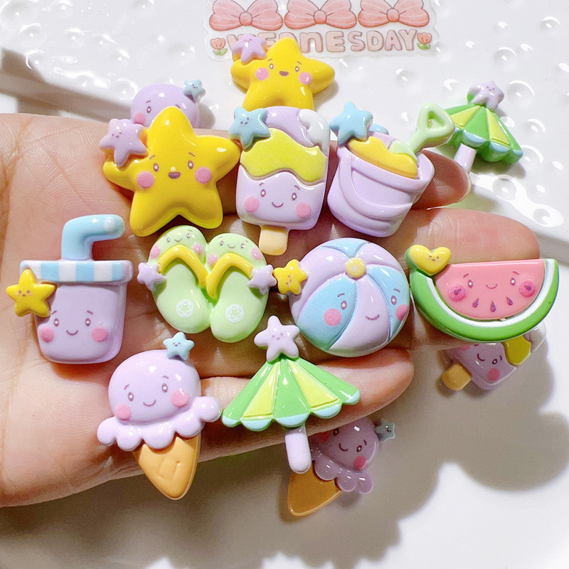 

10Pcs Cute Bright Interesting Cartoon Beach Umbrella Slippers Series Resin Scrapbook Diy Jewelry Wedding Hairpin Accessories A94