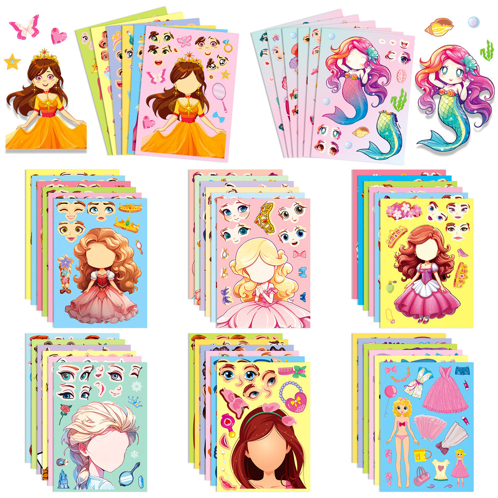 

6-42Sheets Children DIY Puzzle Sticker Games 6 Princess Mermaid Make A Face Funny Assemble Jigsaw Stickers Kids Educational Toys