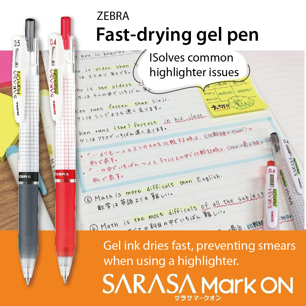 

Zebra SARASA Mark ON Gel Pen 0.4/0.5mm Quick-Drying, No Smearing Highlighter-Safe Japanese Stationery School Supplies