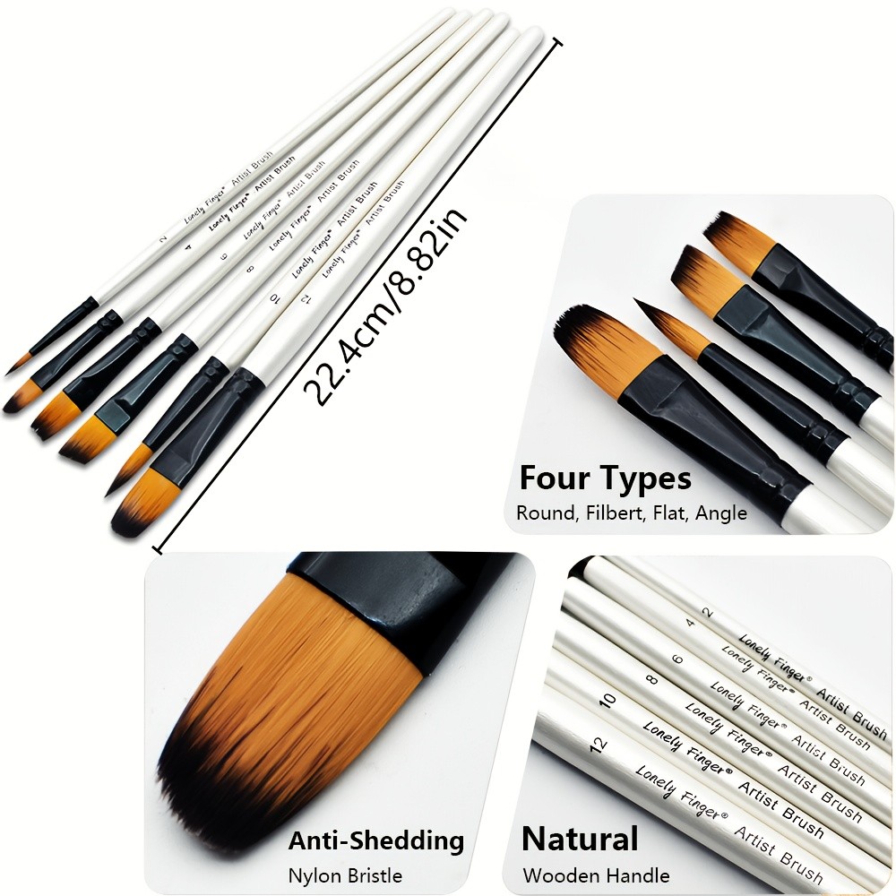 

6pcs Professional Artist Paint Detail Tip Brushes, Anti-Shedding Nylon Bristles(Include Round, Filbert, Flat, Angle)