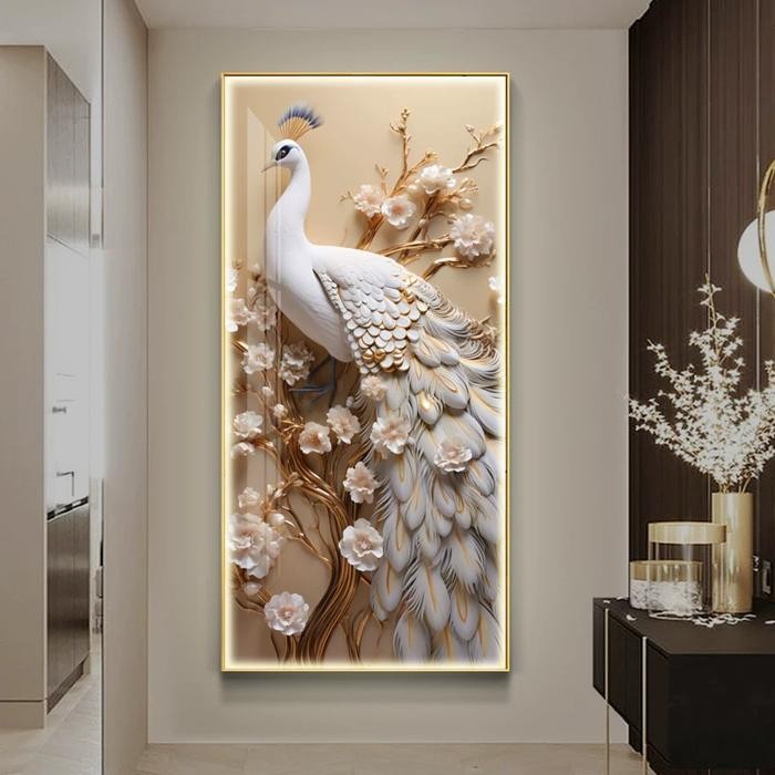 Lukisan Porcelain Painting Diamond Merak Putih Painting Led Lighting