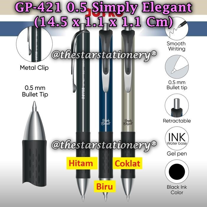 

(1 Biji) Gelpen JOYKO GP-421 Simply Elegant 0.5 mm Black / JOYKO Gel Pen Pulpen Pena GP-421 (1 Biji)