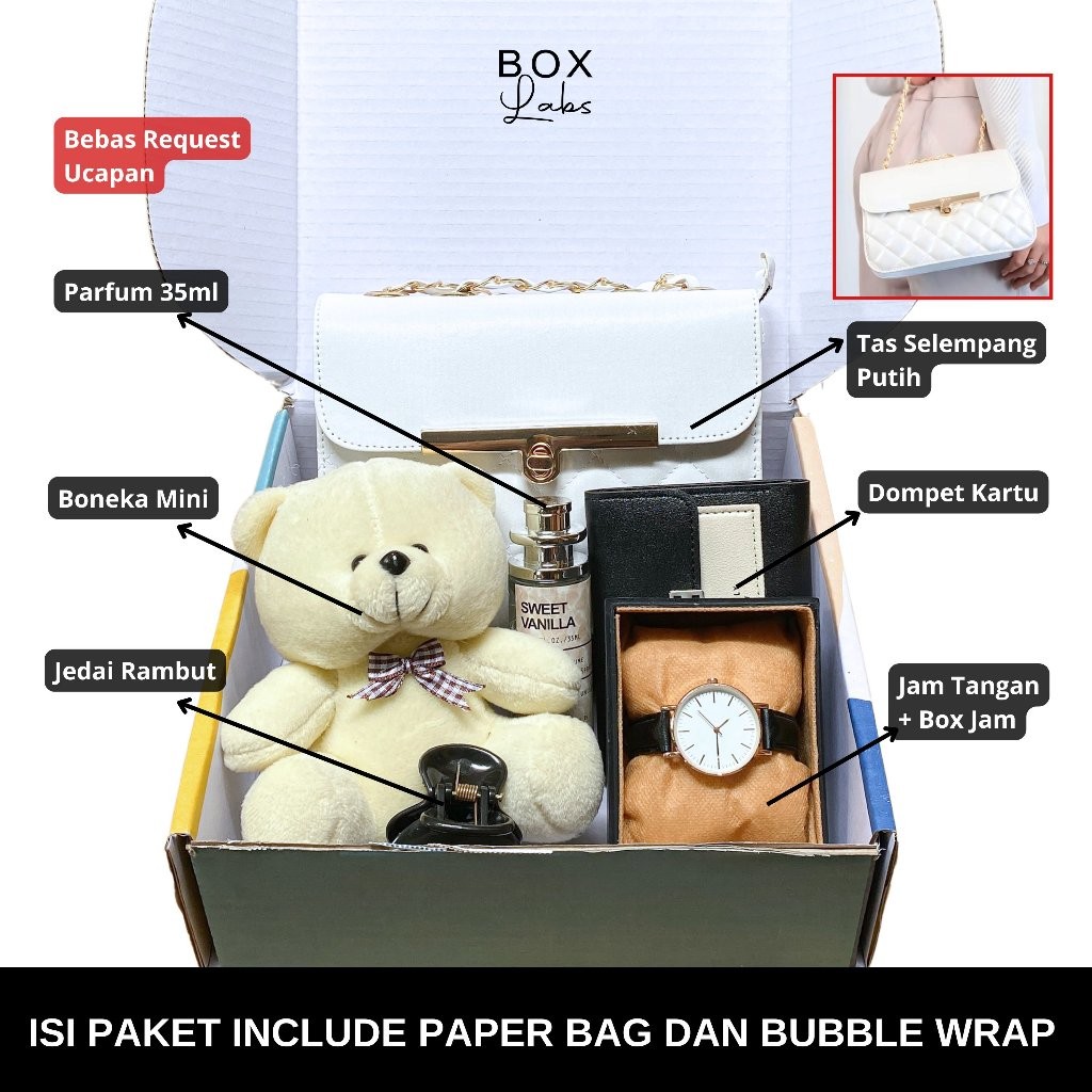 

BOXLABS - Hampers Kado Ulang Tahun Cewek Lengkap dengan : Tas Selempang Wanita, Boneka, Parfum, Dompet, Jam Tangan dan Jedai