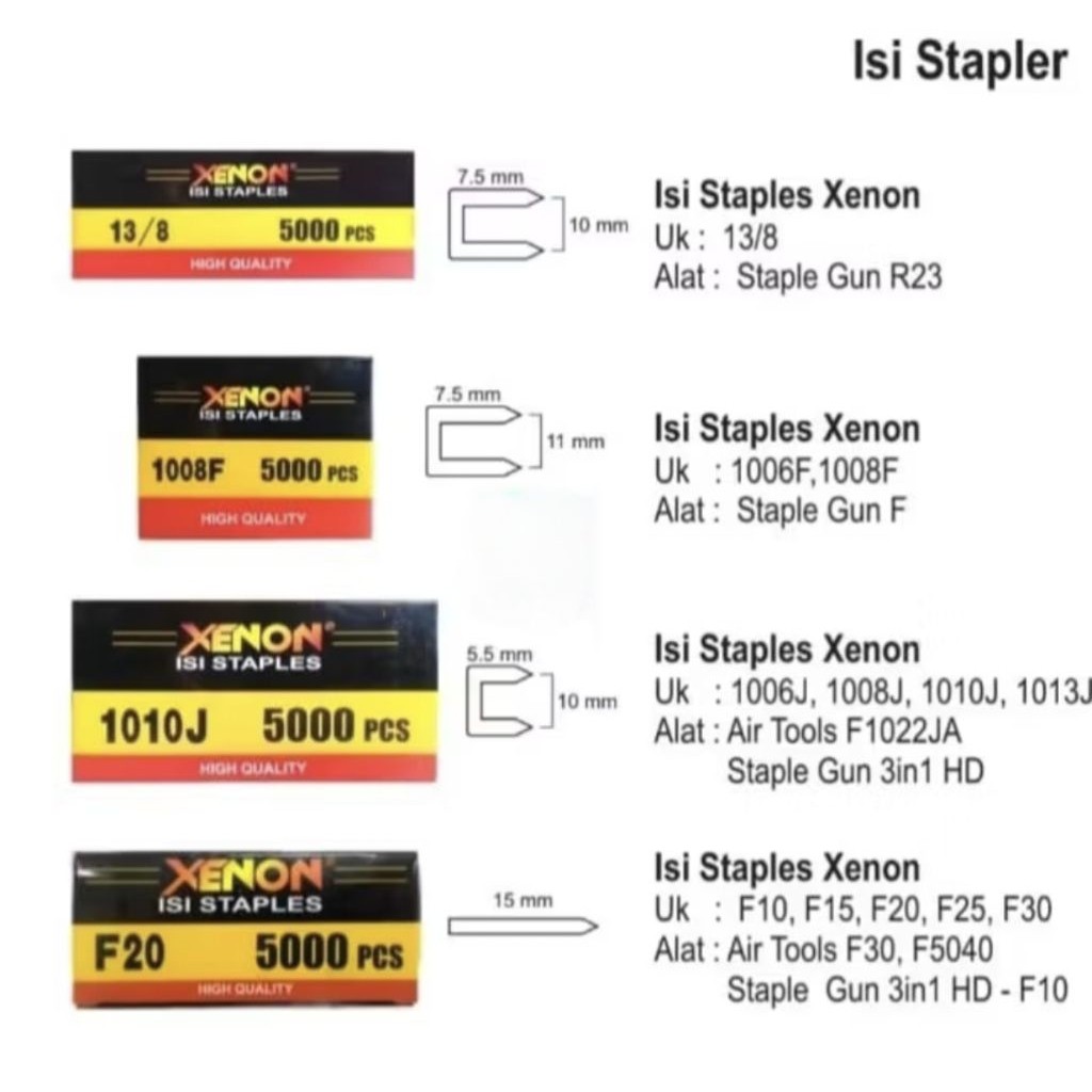 

XENON (5000pcs) REFILL ISI STAPLES F10 F15 F20 F25 F30 F50 1006J 1008J 1006F 1008F 13/6 13/8 staple gun paku tembak air nailer ori