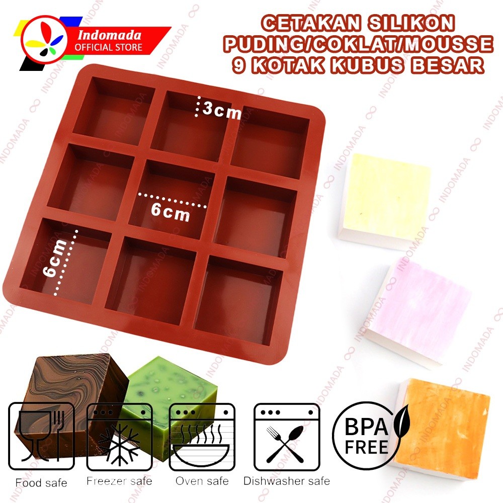 Indomada Cetakan Silikon 9 Kotak Kubus Besar  6 x 6 x 3 cm 3D DIY Mousse Puding Coklat Kue Kering Es