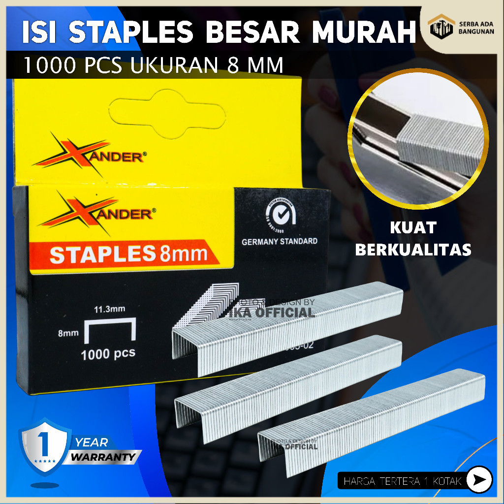 

SAB Isi Staples Tembak 8 mm / Xander Untuk uk. 4x14 mm Isi Ulang Straples Staples Stapler Mesin Paku Tembak isi 1000 Pcs 1008J XANDER / Reffil Air Nailer Stapler Gun Isi