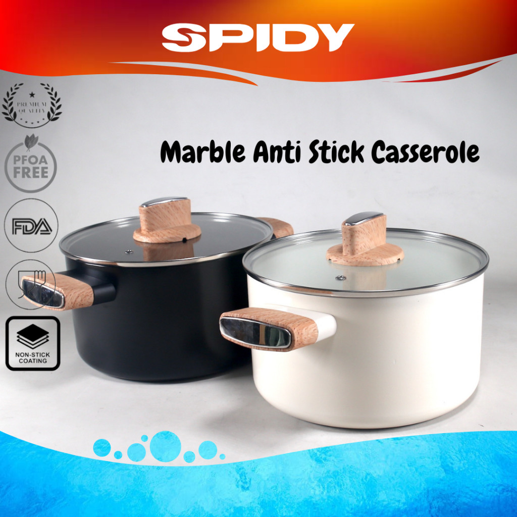 SPIDY Panci Teflon Marble Anti Lengket 22cm Berserta Penutup Kaca Templeted Casserole Ceramic Anti S