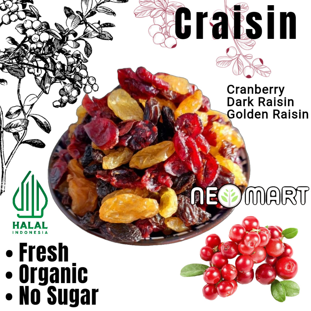 

Neo Craisin 1kg(Cranberry + Dark Raisin + Golden Raisin) Cemilan Sehat Mix Dried Fruit Apricot Black Raisin Golden Raisin Cranberry Blueberry Buah Kering Kismis