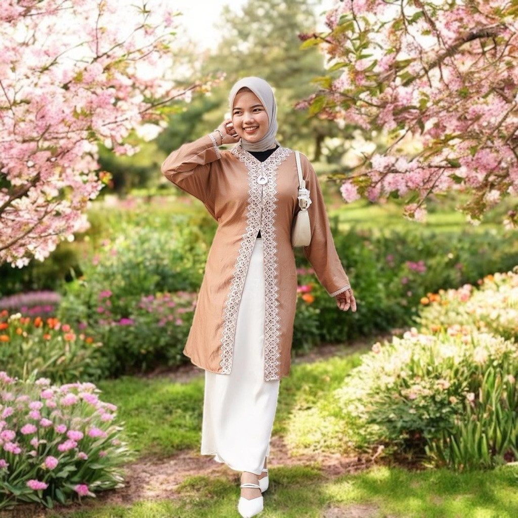 KF - ZFS TUNIK MARINA RENDA TOP LENGAN PANJANG POLOS KOMBINASI / JELITA BELLUCI TUNIK RENDA PREMIUM 