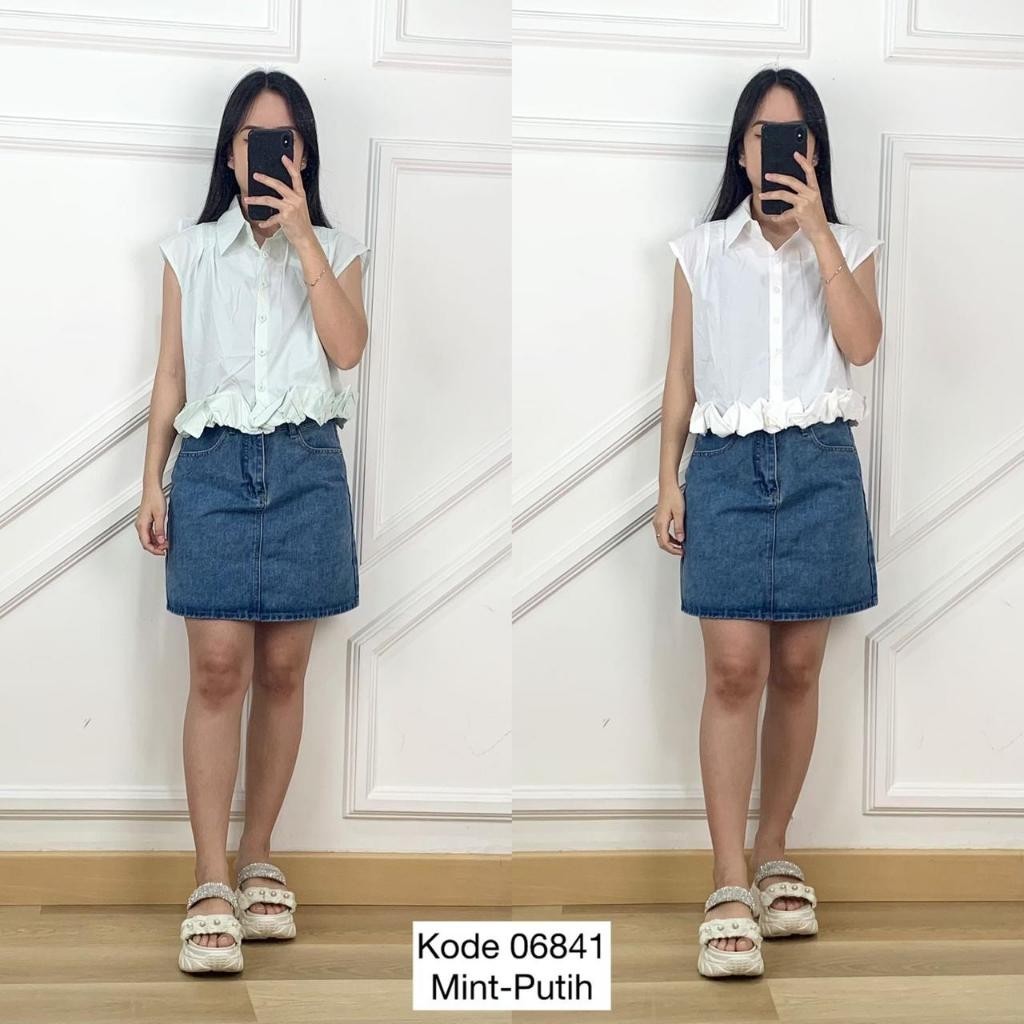 06841 BLOUSE KATUN POLOS PINGGANG RUMPLE VARIASI KERAH V NECK FULL BUTTON DEPAN MODEL BLOUSE TANPA L